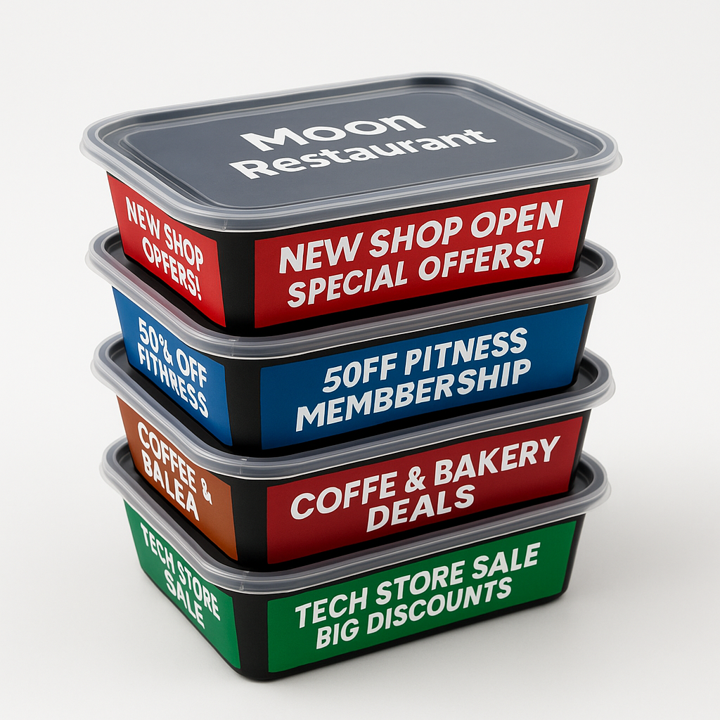 Photographic stack of black take-away ad boxes on a table